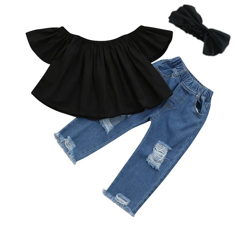 Summer Children Girls Off Shoulder Crop Tops Ripped Denim Pants 2pcs Kids Girls Set