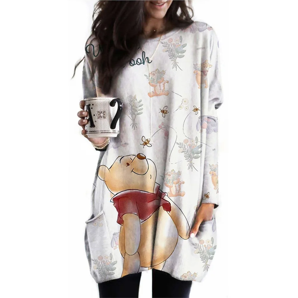 Women\'s T-shirt Spring and Autumn Round Neck Winnie the Pooh Printed Loose Long T-shirt Long Sleeve Casual Top Pocket T-shirt