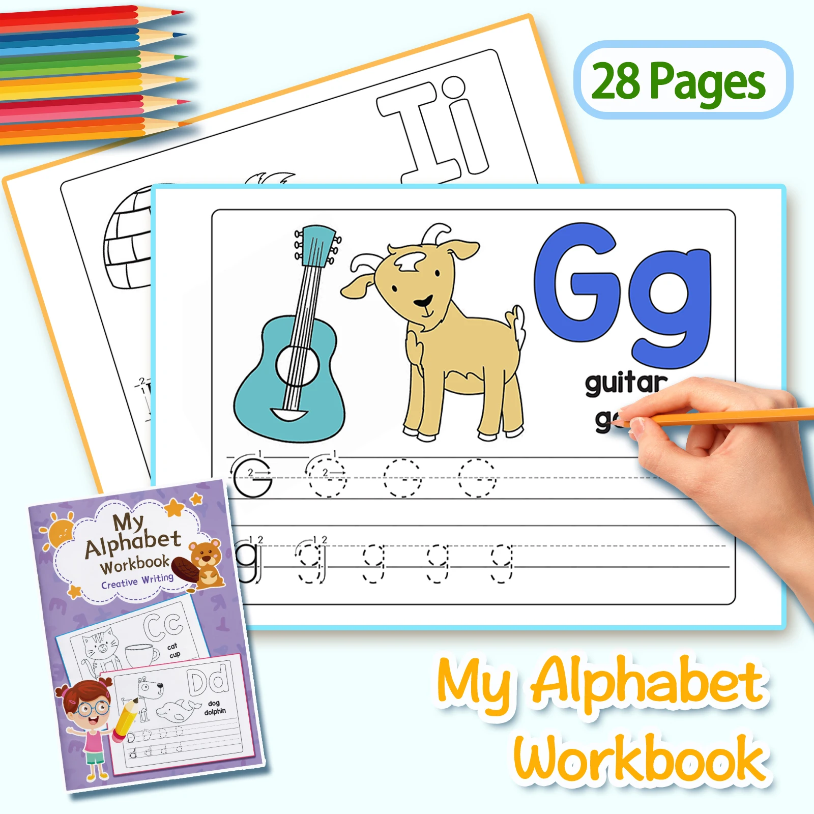 Children's alphabet coloring book, cute cartoon patterns, preschool early education workbook, boost your baby's hands-on skills