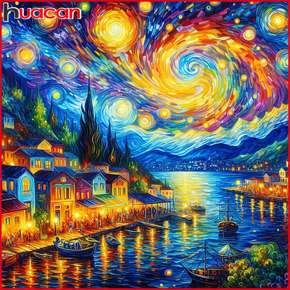 Huacan Vollquadrat Runde Diamantmalerei Sternenhimmel Haus Fluss Diamantstickerei Landschaft Komplettes Set Handgemachtes Geschenk