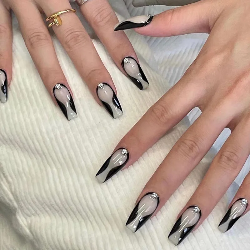

24pcs Black Line Press on Nails Rhinestone Manicure Wearable Nail for Women and Girls False Nail