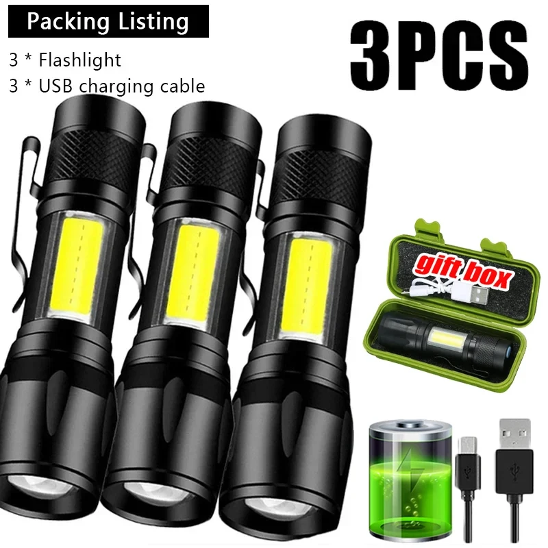 Mini LED Flashlight COB+XPE Portable Torch Zoomable Focus Light Rechargeable Tactical Flashlight Camping Emergency Lantern