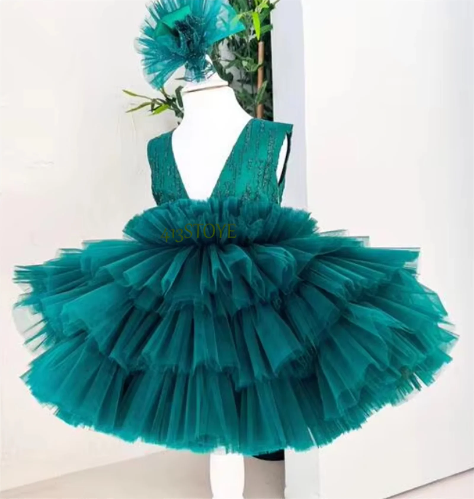 Abito da ragazza di fiore verde smeraldo soffice personalizzato per abito da festa di nozze Abiti da compleanno per bambini in tulle a strati Prima comunione P