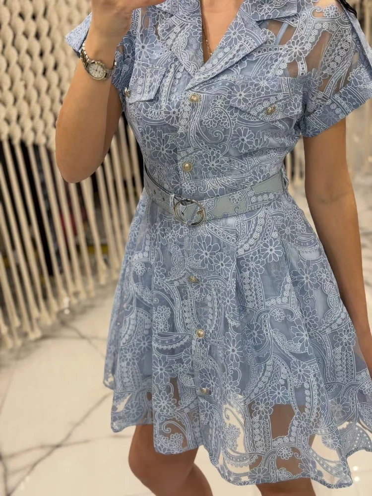 

JIAMI Women Floral Lace Embroidered Mini Dress 2026 Summer Belted Shirt Collar A Line Hollow Out Elegant Vacation Party Dress