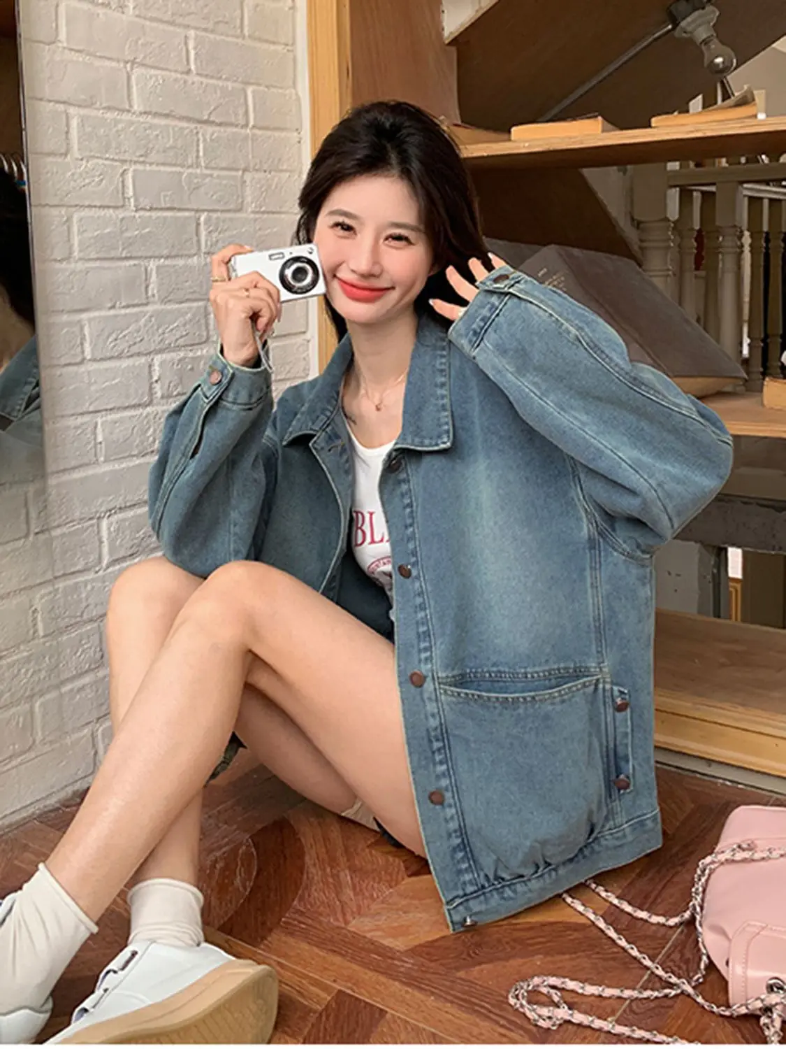 

Denim Coat For Woman Womens Fall Double-Breasted Cropped Outcoats College Minimalist Young Patchwork Waistband Pleated Jackets