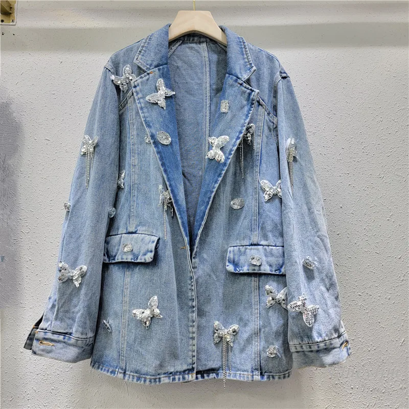 

Three-Dimensional Butterfly Decoration Loose Denim Suit Jacket Women's 2024 Spring Autumn New Long Sleeve Jean Coat