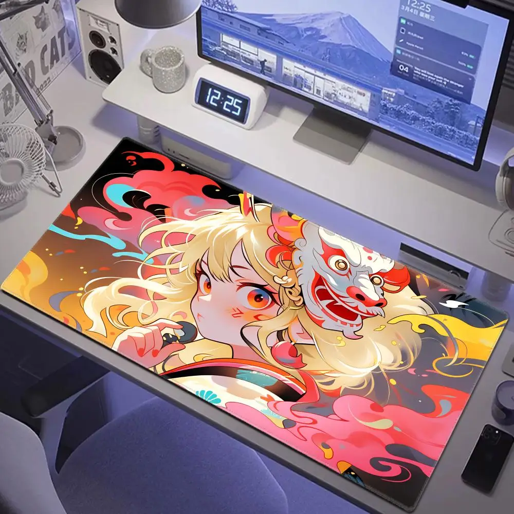 

HYBXAXC Ukiyo-e Oni Mask Anime Girl Mouse Pad, Extended Gaming Desk Mat, Non-Slip Keyboard Mat for Home & Office