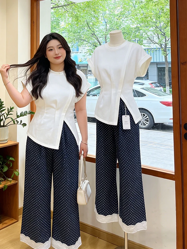 

Summer Outfit Large Size Korean Style Short Sleeve T-Shirt Top And Casual Pants Two-Piece Set Trendy Polka Dot Print