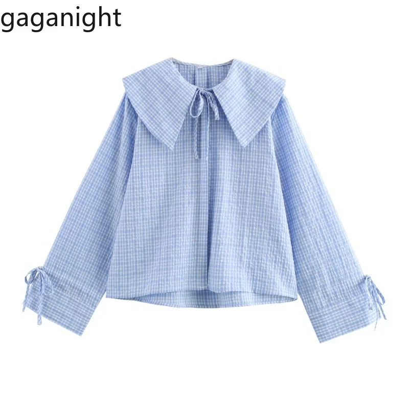 

Gaganight Women Shirts Bandage Peter Pan Collar Loose Long Sleeve Sweet Elegant Blouse Female Casual Tops French Style