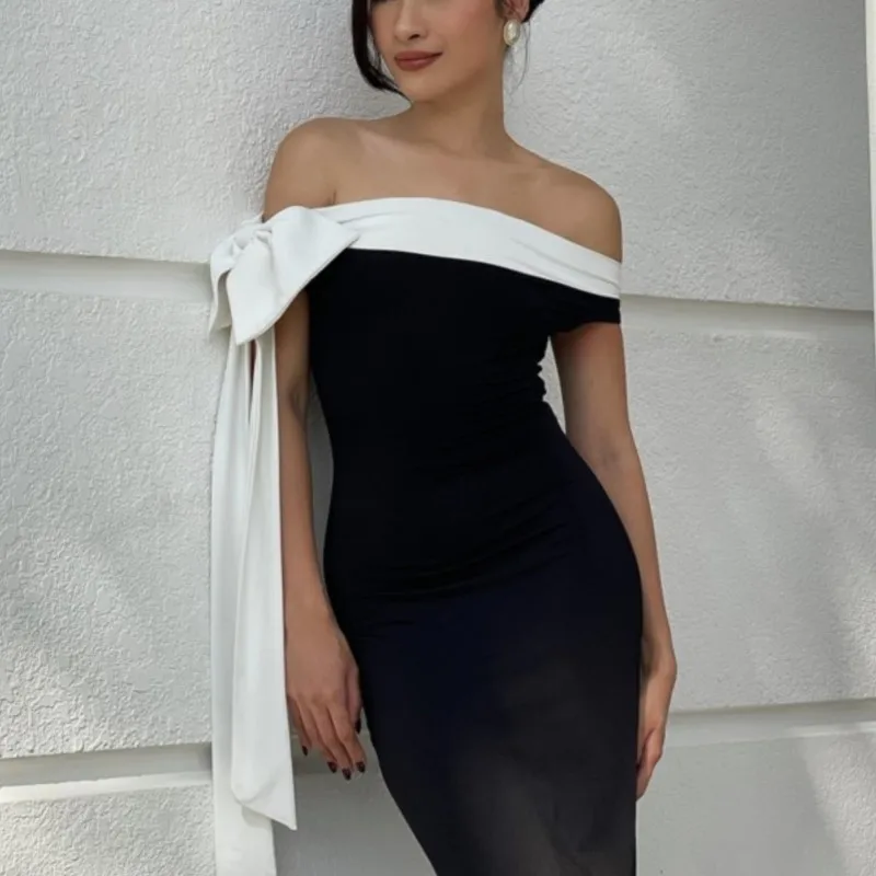 Big Bow Contrast Color Strapless Party Dresses Women's Vintage Off-Shoulder Long Tube Bodycon Dress For Evening Gown Vestidos
