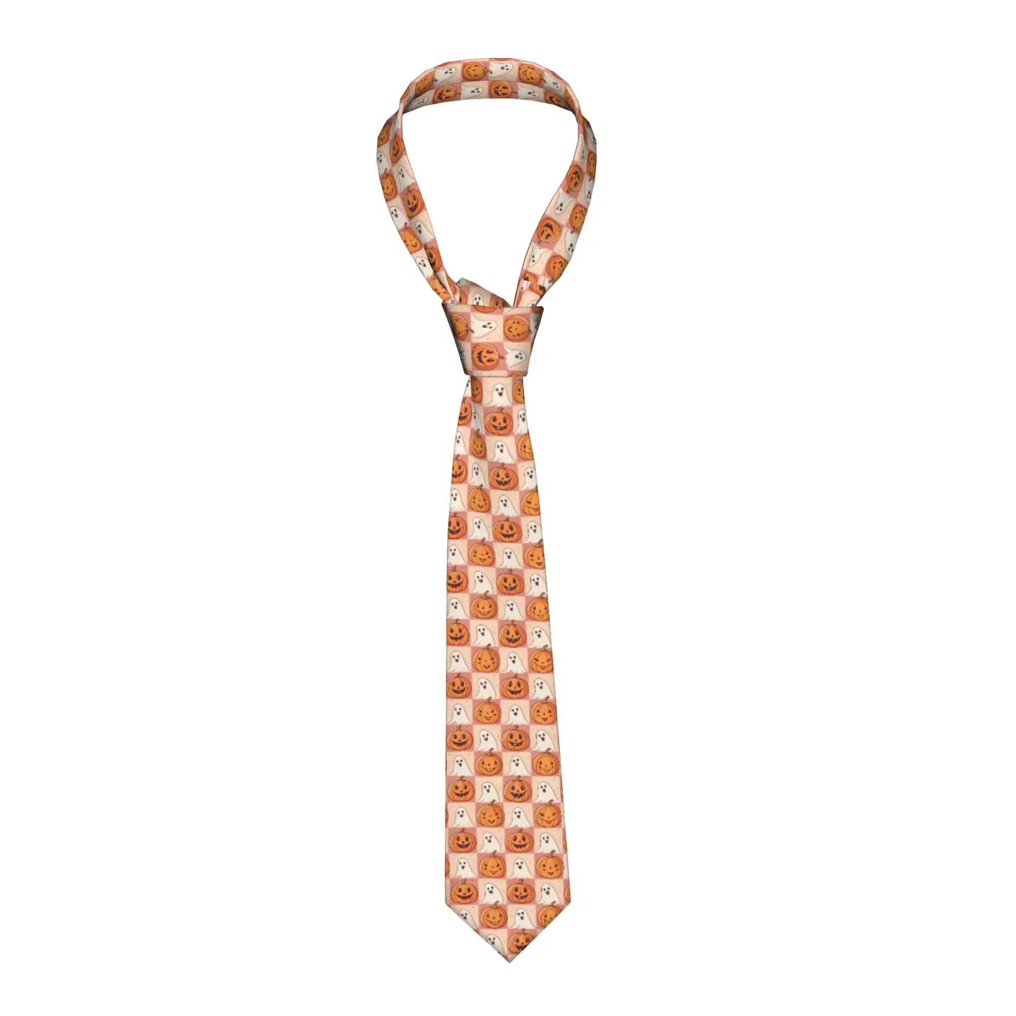 Halloween Checkerboard Pumpkin Ghost Seamless Pattern Tie  Graphic Neck Ties Elegant Collar Tie Men Wedding Necktie Accessories