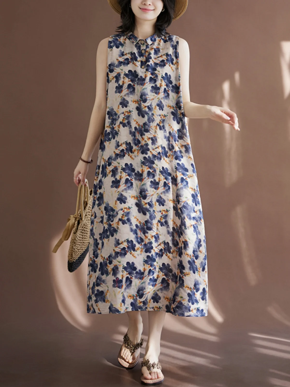 ชุดเดรสทรงเอไลน์ผ้าฝ้ายลินินพิมพ์ลายดอกไม้สไตล์จีนย้อนยุคสำหรับฤดูร้อน ทรงหลวม ใส่สบาย เหมาะสำหรับสาวพลัสไซส์