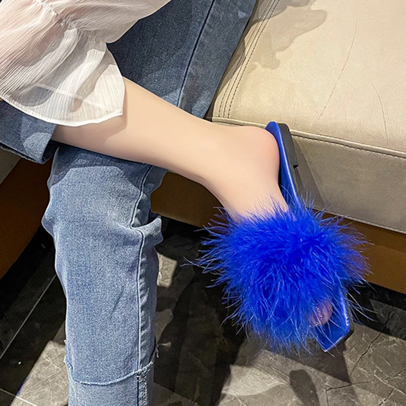 Lucyever Blue Summer Flat Fur Slipper Women 2023 Soft Bottom Non Slip Slides Shoes Woman Fashion Square Toe Fluffy Slippers