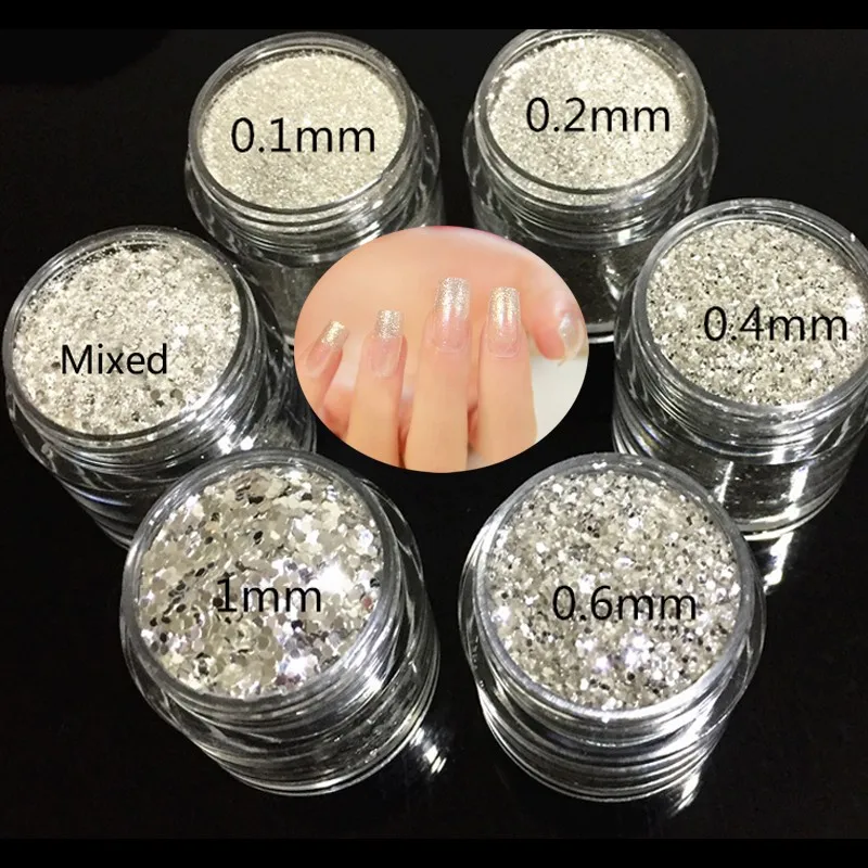 

10G/Pot Nail Glitter Powder Pure Silver Finest High-shining Nail Glitter Dust Sequins for UV Gel Nail Polish 0.2mm/0.4mm/1mm