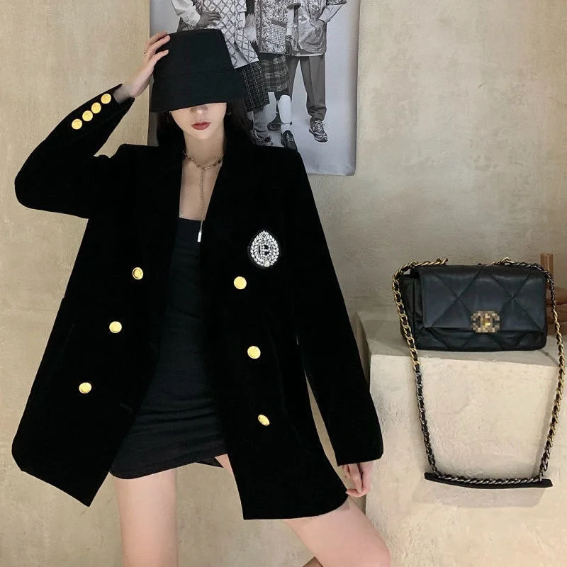 

Elegant Black Velvet Suit Jacket Women's Fashionable Double-Breasted Spring 2025 Trendy Top Commute Style Slim Fit Polyester