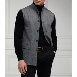 Mens Vest Stand Collar Sleeveless Coat Tops Casual Suits for Men Single Breasted Waistcoat Men's Autumn Herringbone Tweed Vests