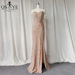 Gold Sequin Long Prom Dresses 2023 Off Shoulder Boned Bodice Basque Front Split Evening Gown Shiny Lace up BackParty Girls Dress