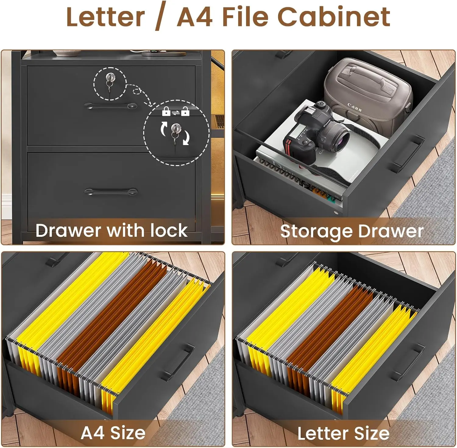 Armoire de classement de 35.4 pouces, adaptée aux lettres/format A4, 2 armoires de classement à proximité pour le bureau à domicile avec multiprise, lumières LED, serrure