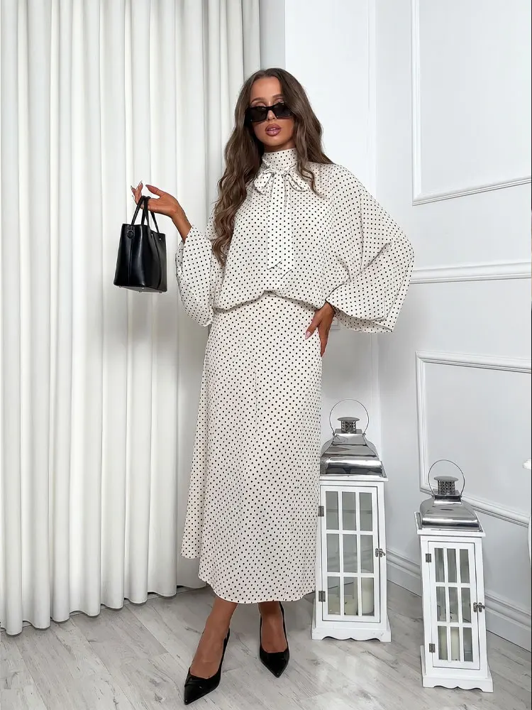 HH Damen Polka Dot 2-Teiliges Set Modische Hochgeschlossene Langarm-Bluse Lose Oberteile Lange Röcke Elegantes Lässiges Frühling-Sommer-Set