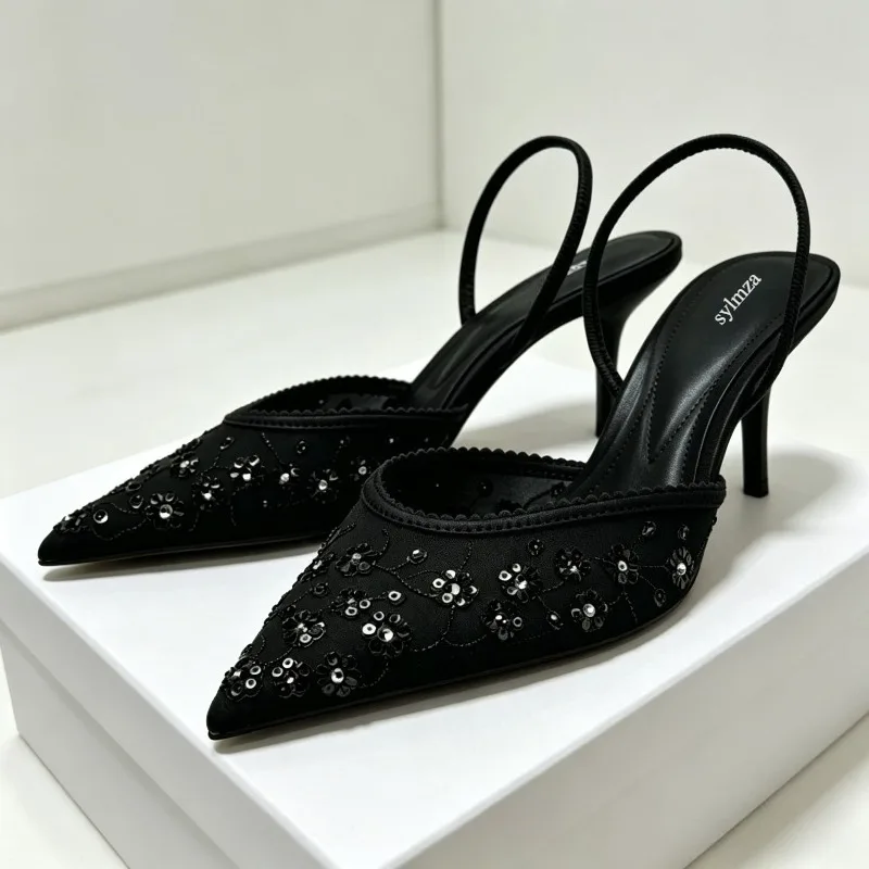 

Embroidered Bling String Bead Backless Heeled Sandals Women Pointed Toe Pumps Heels Breathable Wedding Party Dress Women Shoes