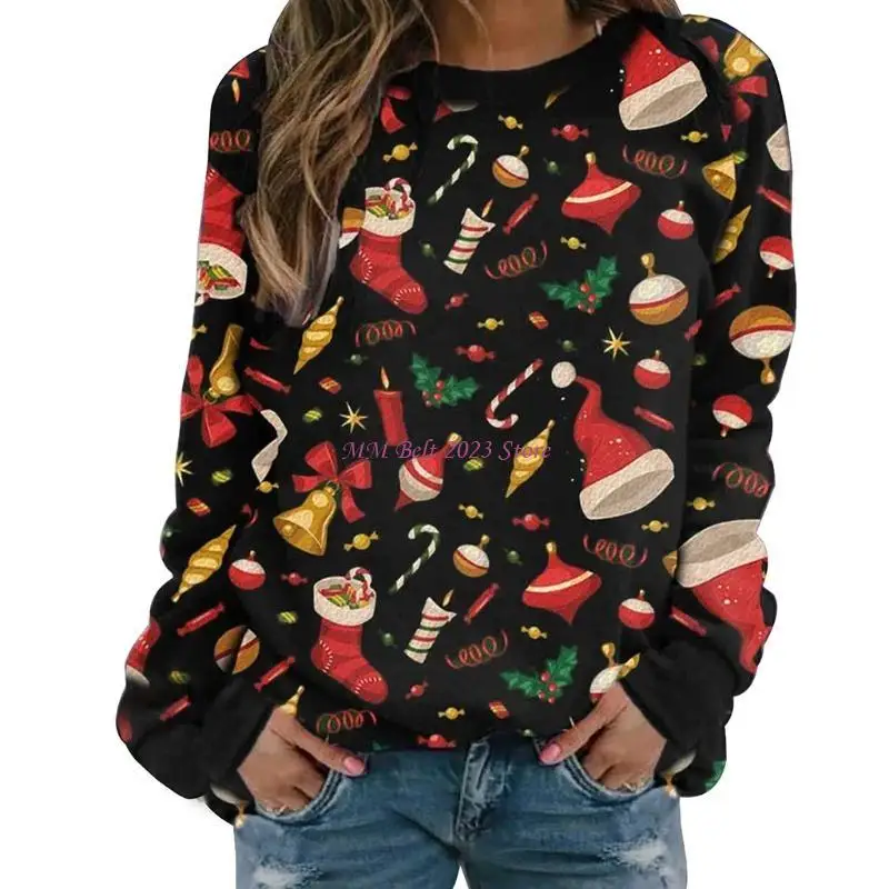 

49ME Женская рождественская толстовка с длинными рукавами, красочная мультяшная шляпа Санта-Клауса, пуловер с принтом леденцов,