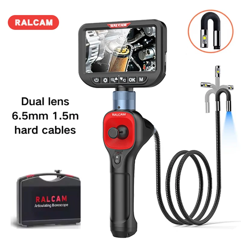 Ralcam 360° Two-Way Articulating Borescope, 5 Inch Screen Endoscope Camera, 6.5MM Inspection Dual Camera IP67 Waterproof 1.5m Se