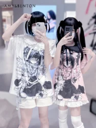 Gothic Two-dimensional Animation Printing Off Shoulder Doll Collar Short-sleeved Y2K Top Subculture Printing Oversized T Shirt