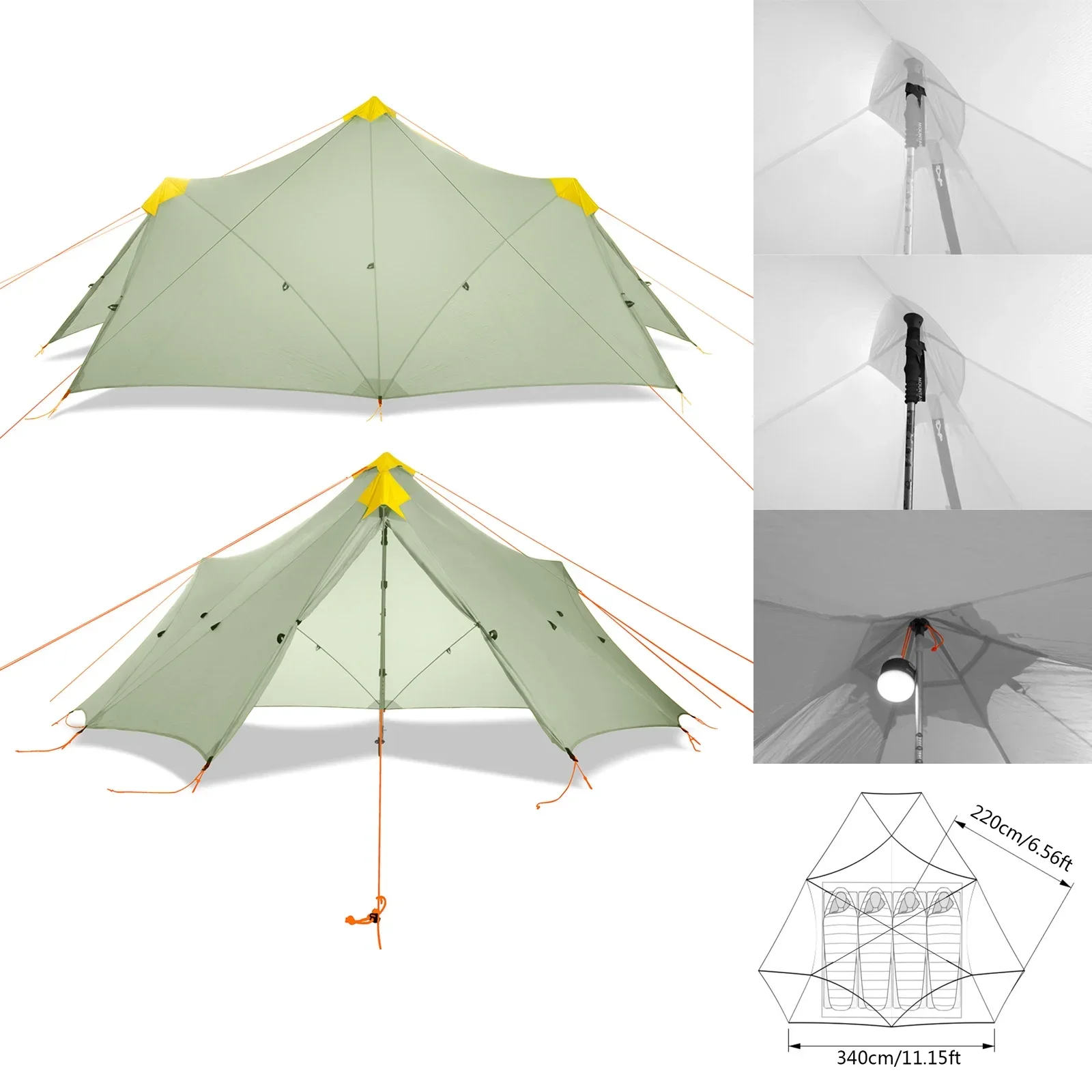 6-8 Person 4 Seasons Camping Flysheet Ultralight 680g Two-sided Silicone Coating Nylon Rodless Large Waterproof Backpacking Tent