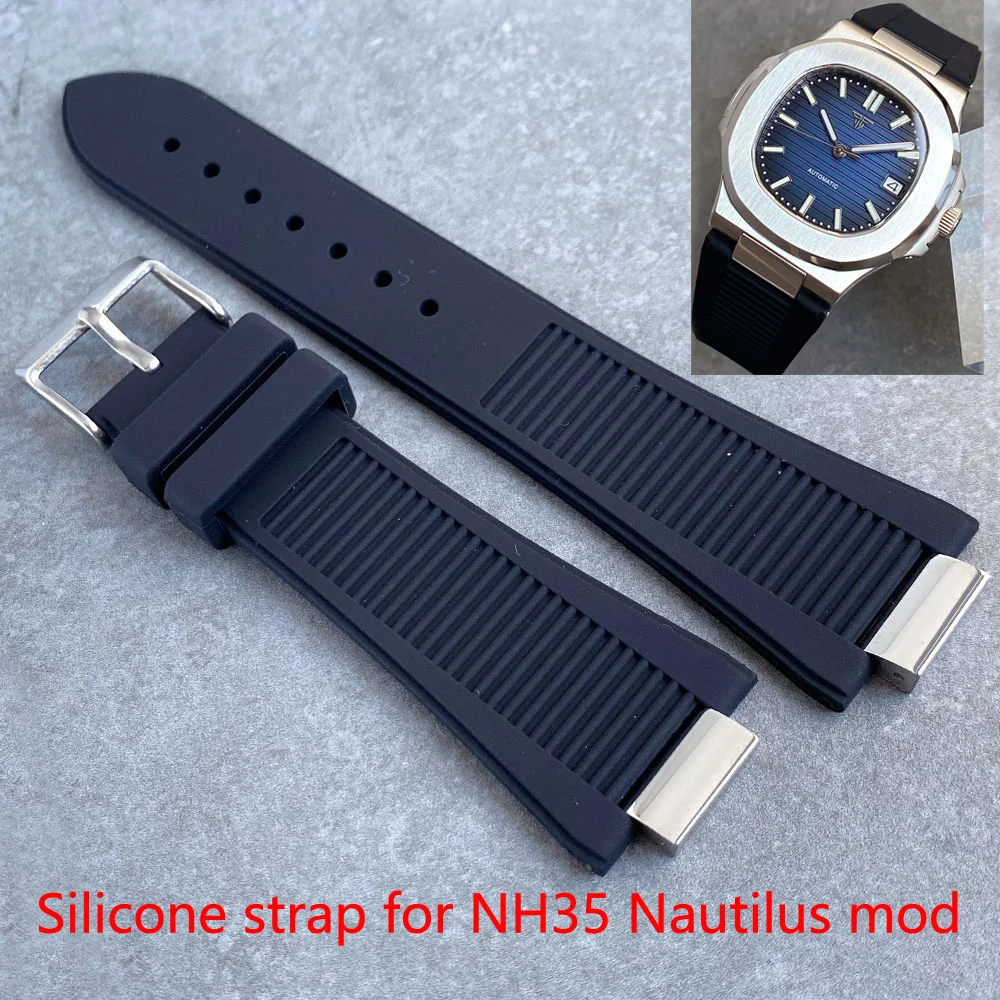 Black/Blue Silicone Watch Strap for Nautilus Style NH35 NH36 Watch Men Steel End Links Pin Buckle