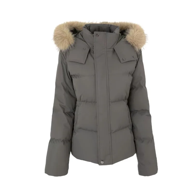New Short Hooded Jacket Women Fur Hood Trim Quilted Cinched Waist Snap Placket Oversize Solid Casual Fall Winter Trendy