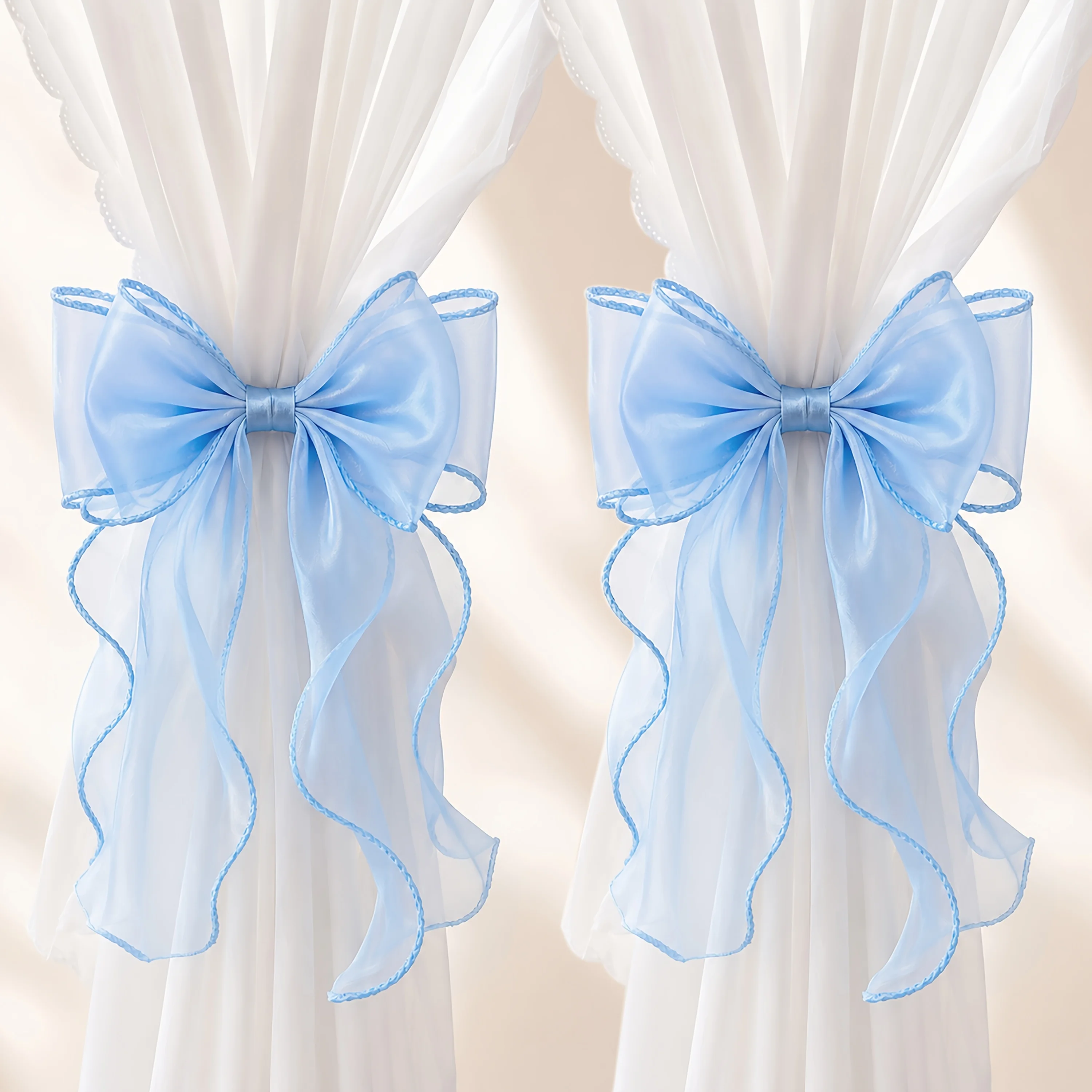 2pcs French Bow Curtain Tiebacks, Tulle Ribbon No-Drill Ties for Sheer & Regular Curtains, Romantic Bedroom Living Room Decor