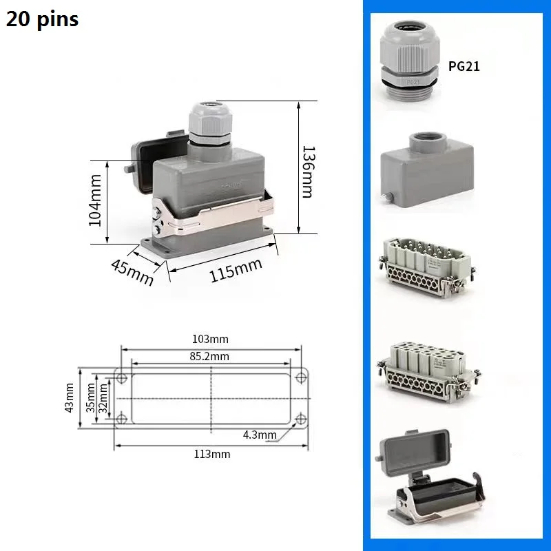 Fotografia 6: Conector retangular de alta resistência HDC-HE-020 com 20 pinos/núcleos, plugue e tomada industrial à prova d'água para aviação, 16A, 500V