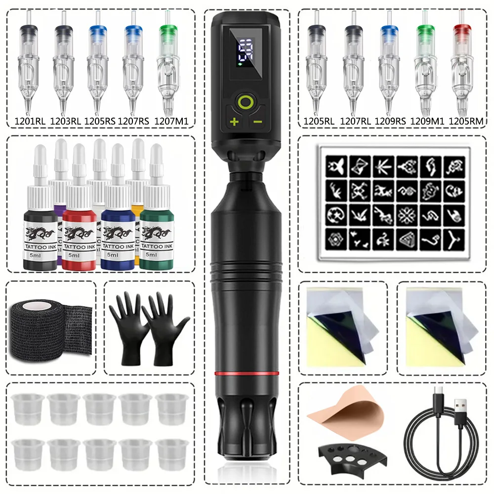 

Беспроводной набор для татуировки, роторная тату-машинка, набор игл-картриджей, инструменты для перманентного макияжа для татуировщиков и начинающих, комплект