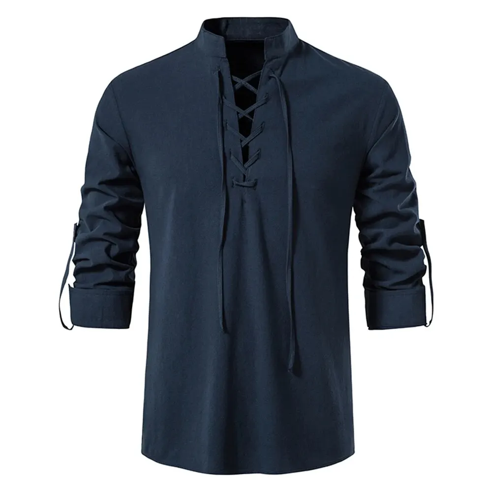 King Billion Herenoverhemden Casual Heren Katoen Linnen T-shirt met lange mouwen Lente Herfst Vintage Shirt Amerikaanse maat Trekkoord Hals
