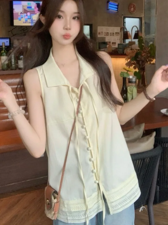 

Korean Sle Loose Svel irt Women's Summer New Faionable Versatile Button-Up Collar Top Casual Ele Blouse
