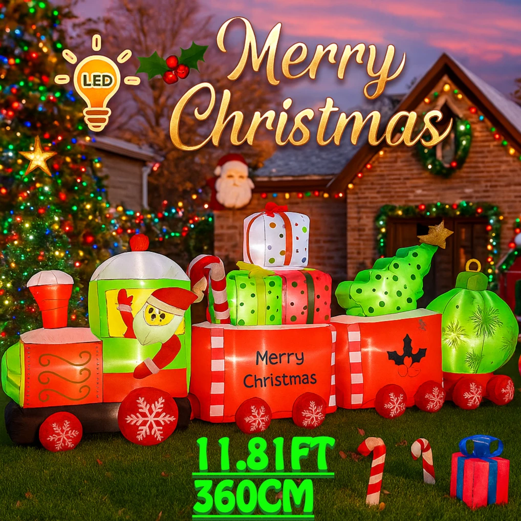 

11.81FT Giant Christmas Inflatable Santa Train Toy With LED Lights Home Decoration Supplies Ornament Xmas Yard Party Lawn Decor