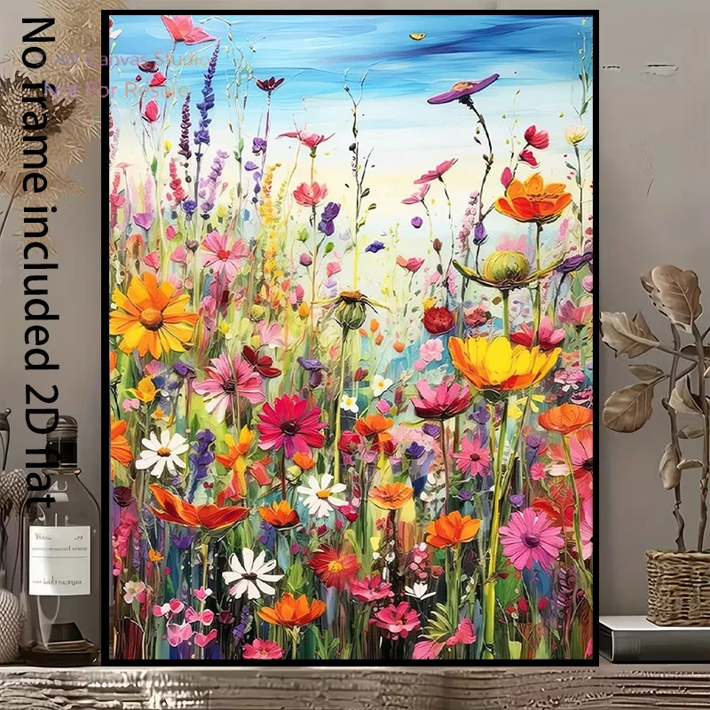 2D Flat, 2D Flat, A Vibrant Canvas Painting Featuring a Variety of Wildflowers Blooming Under a Beautiful Blue Sky, Presented