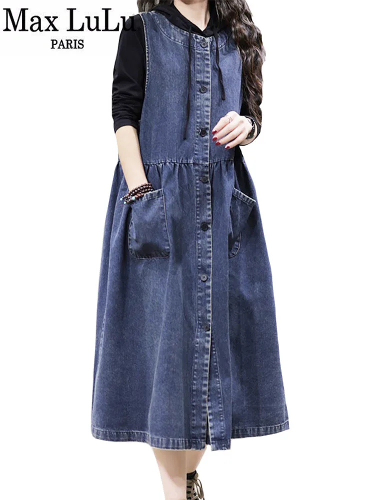 

Max LuLu 2023 Korean Fashion Women Spring Classic Loose Clothes Vintage Sleeveless Denim Vest Dress Females Punk Casual Vestidos