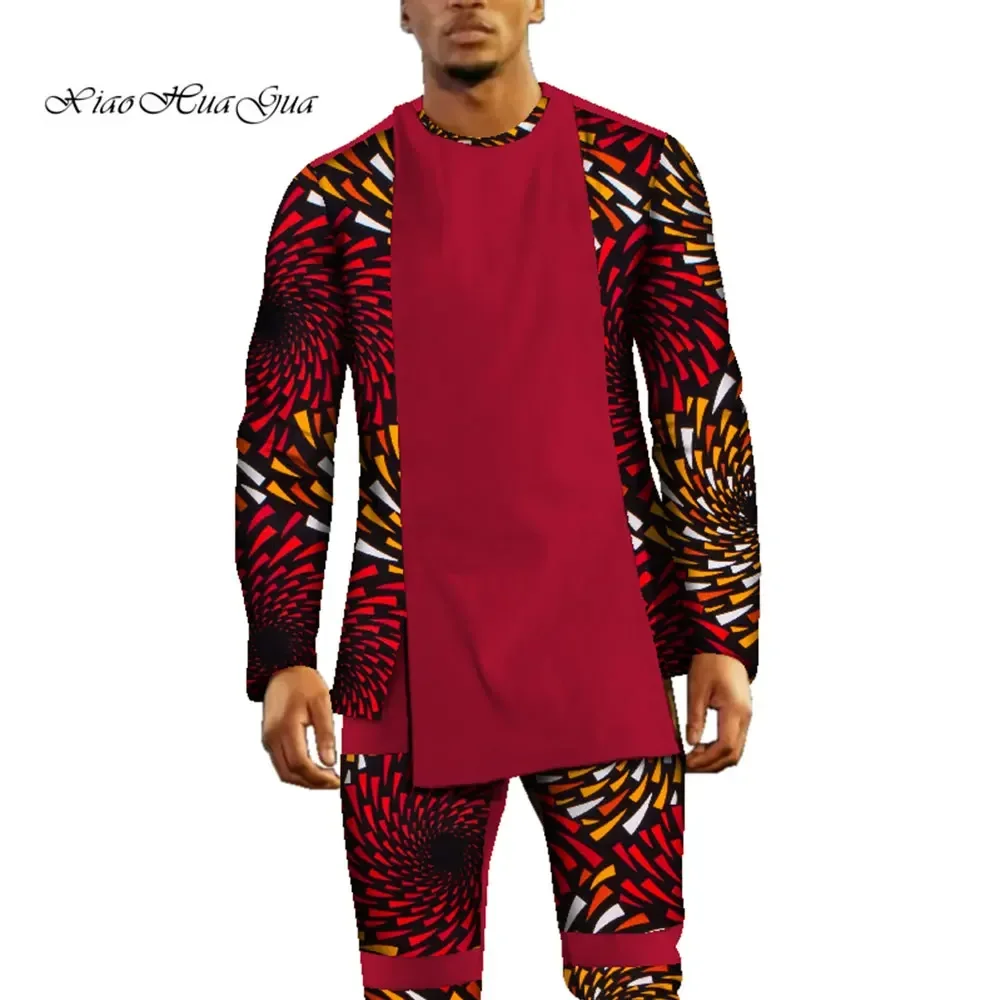 

Fashion Men African Clothes Patchwork Print Long Sleeve Shirts and Pants Bazin Riche 2 Pieces Sets African Pants Set WYN553