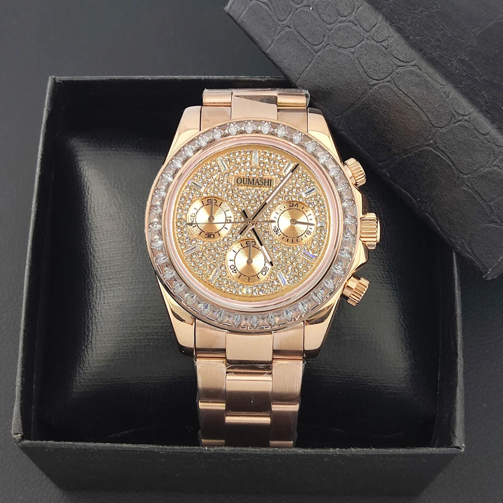 تخصيص 39.3 مللي متر ساعة رجالي فاخرة VK63 الهاتفي الأحجار الكريمة الرجال العلامة التجارية كرونوغراف VK63 الياقوت الزجاج جوهرة روزجولد الهاتفي