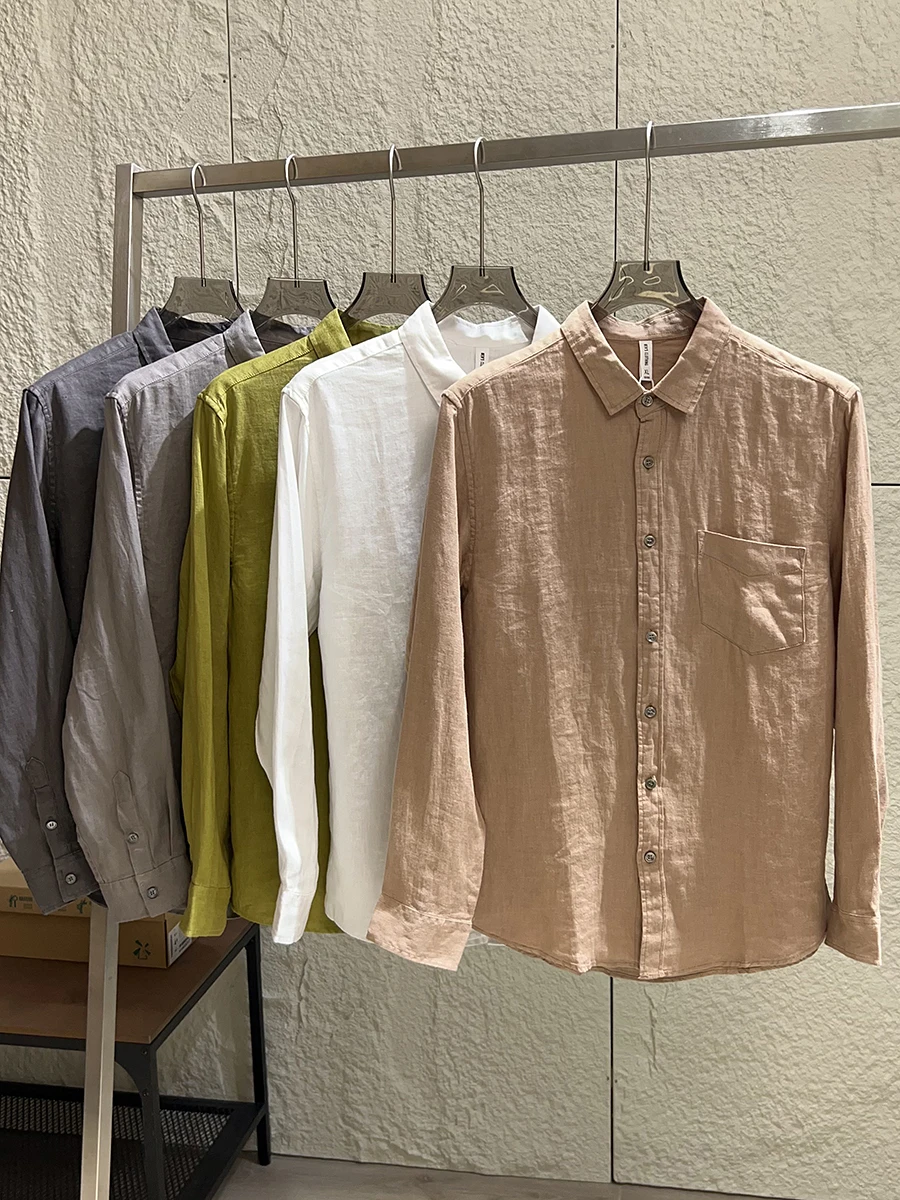 

Men's Casual Linen Shirt Breathable Sweat Absorbent Thin Long Sleeve Autumn Fashionable Loose Fit Pocket Design Pure Color