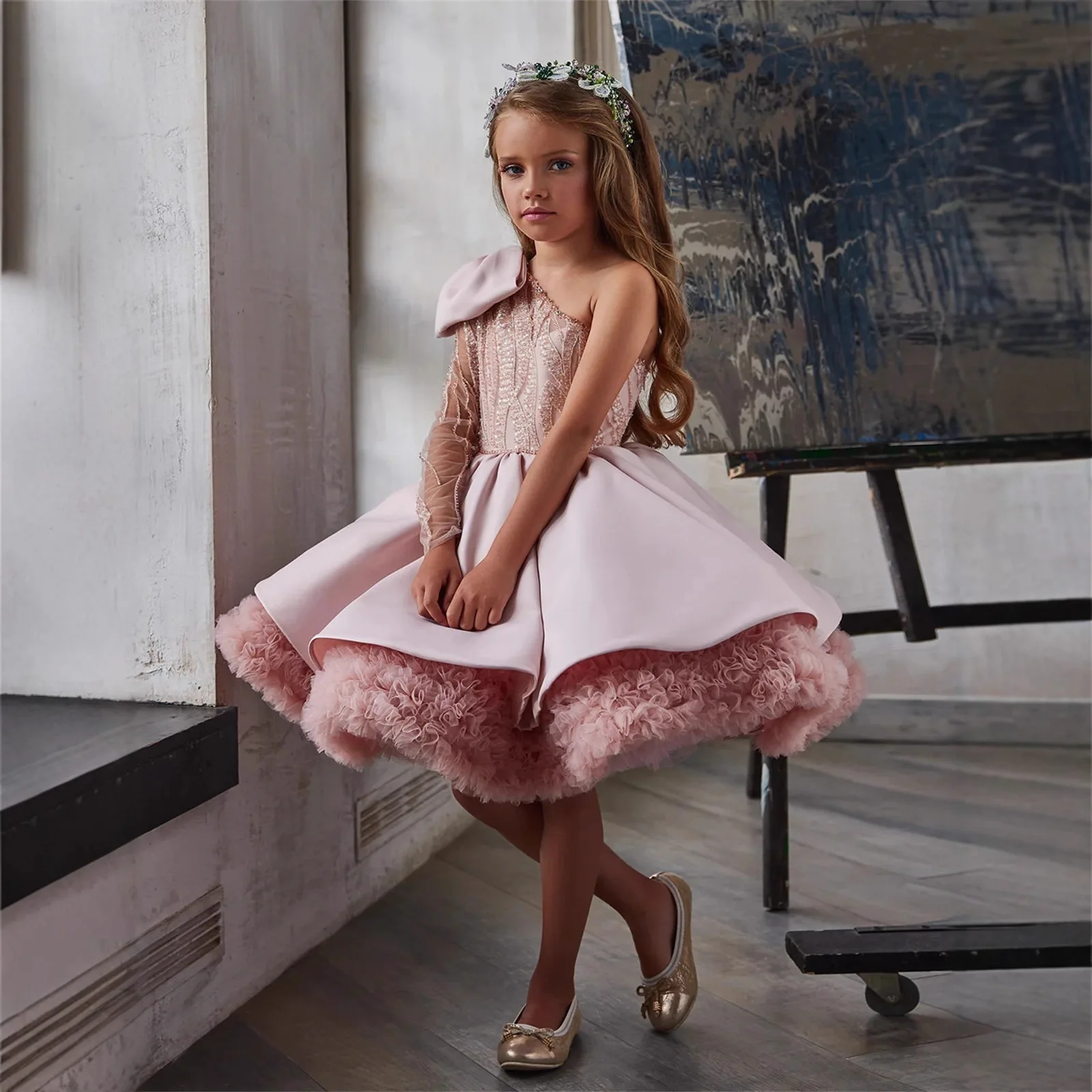 Children's Women's Puff Princess Dress Bow Shoulder Long Sleeve New Arrival 2026 Birthday Dress for Girls