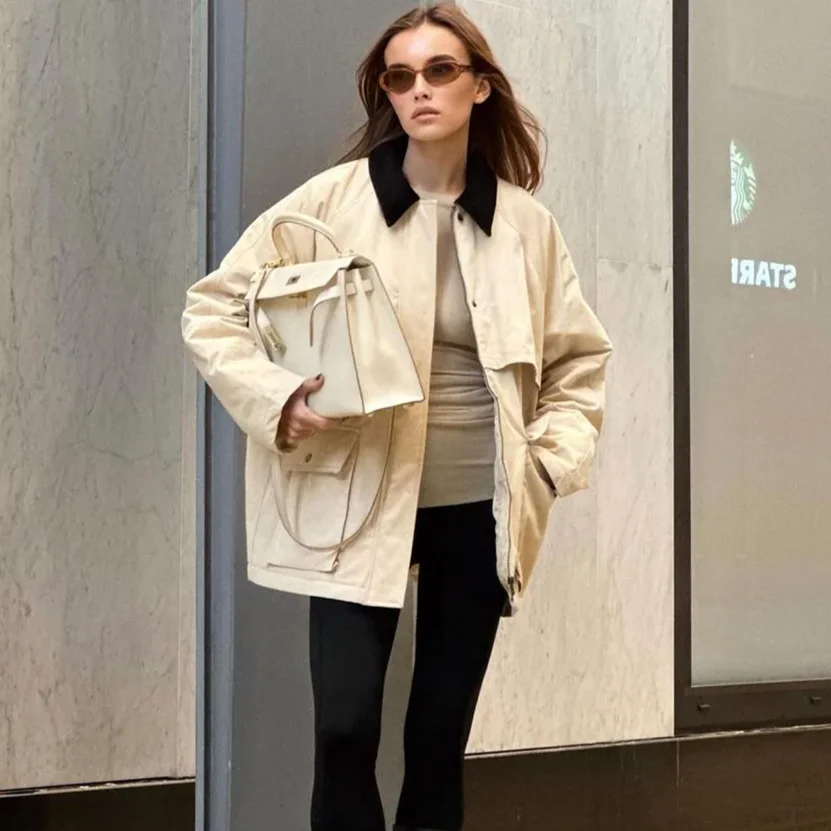 

KONDALA-Women Fashion Loose Padding Twill Jacket Lapel Zipper Jacket Coat New Fall Winter Simple Versatile Casual Loose Coat