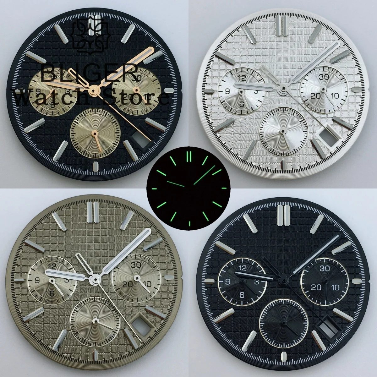 BLIGER VK63 Date window Dial 31.5mm Black White Blue Green Gray Dial With Hands Green Luminous Fit VK63 VK64 Movement