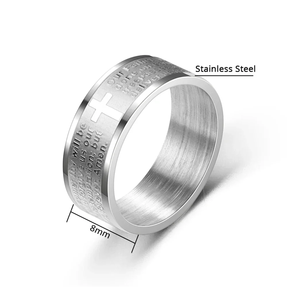 Bible Jesus Cross Ring 8mm Male Silver Color Christian Scripture Prayer Rings for Men Women Religious Fashion Party Jewelry Gift