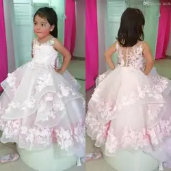 Pink Baby Flower Girls Dress For Wedding Black Birthday Princess Gown Lace Beaded Plus Size Tulle Girls Party Gown with Bow