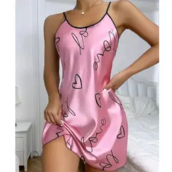 Women Summer Sexy Pajamas Sling Nightdress Open Back Criss Cross Sleep Dress Elegant Romantic Heart Print Sleeveless Sleepwear