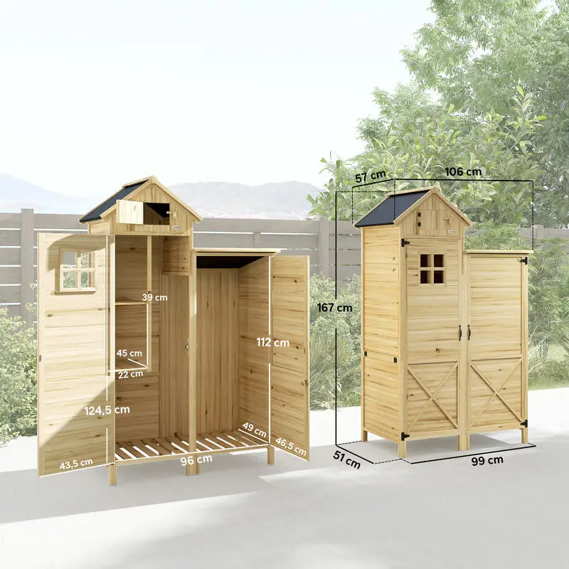 Armoire de jardin en bois, abri de jardin avec toit en asphalte, double zone et étagères amovibles 106x57x167cm Naturel
