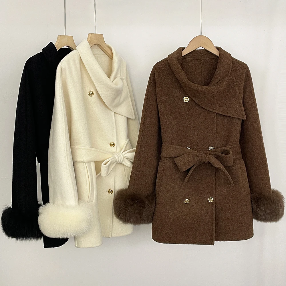 

Elegant Woolen Jacket Women's Woolen and Trench Coats Wool Coat with Real Fox Fur Cuffs Belted Bow Warm Winter Fashion Outerwear