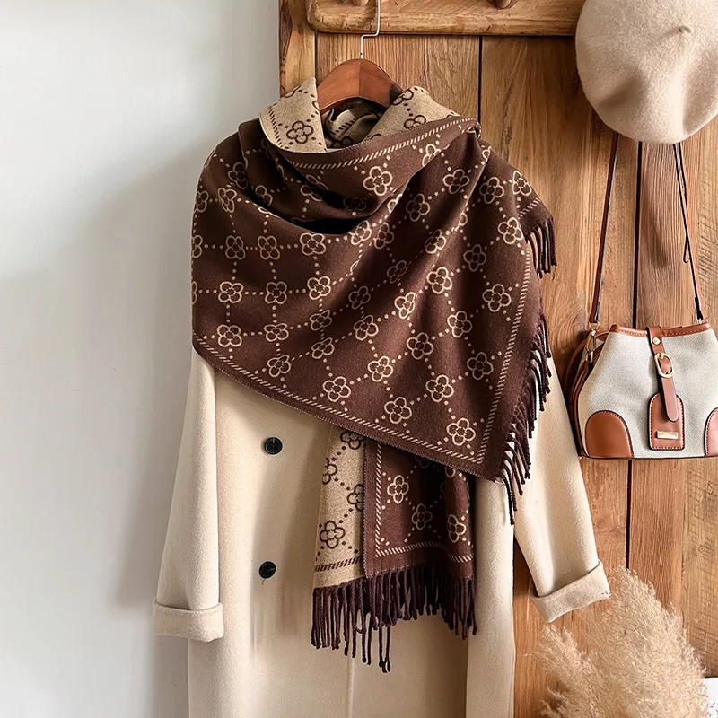 Marken-Jacquard-Design, zweiseitiger Winterschal, Kaschmir, weich, warm, lange Fransen, Pashmina-Schal, kältebeständig, winddicht, Deckenschal – Detail 14